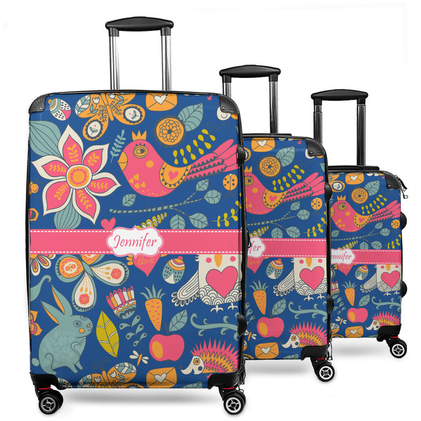 Custom Owl & Hedgehog 3 Piece Luggage Set - 20" Carry On, 24" Medium Checked, 28" Large Checked (Personalized)