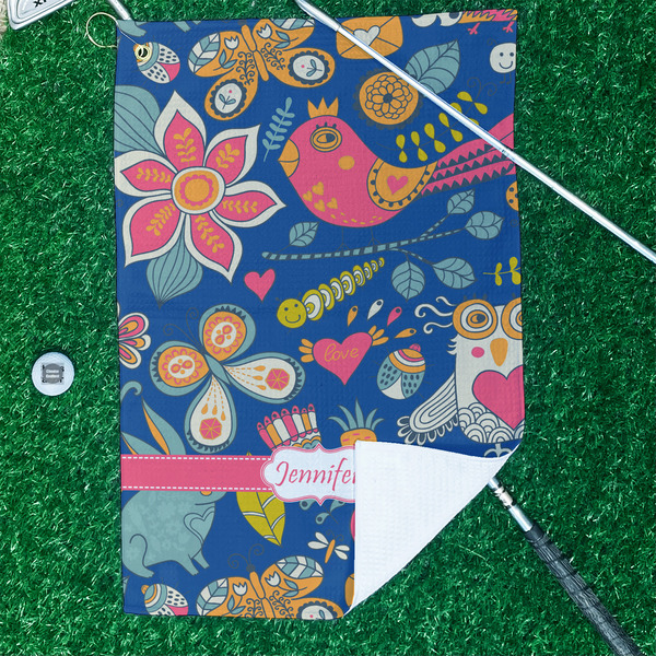 Owl & Hedgehog Waffle Weave Golf Towel - In Context