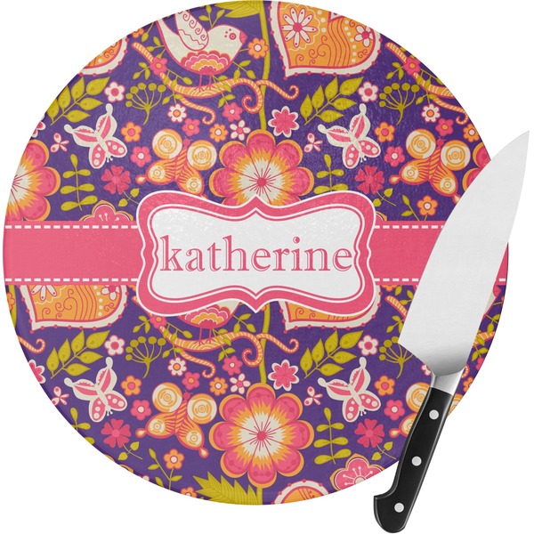 Custom Birds & Hearts Round Glass Cutting Board - Small (Personalized)