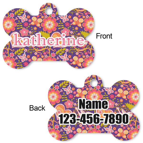 Birds & Hearts Bone Shaped Dog Tag - Front & Back