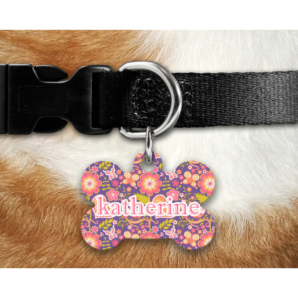 Birds & Hearts Bone Shaped Dog Tag on Collar & Dog