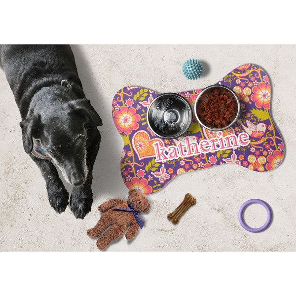 Birds & Hearts Bone Shaped Mat w/ Food & Water