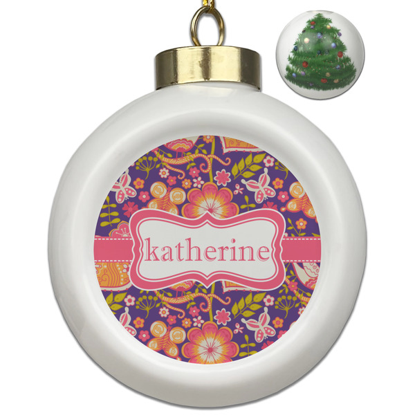 Custom Birds & Hearts Ceramic Ball Ornament - Christmas Tree (Personalized)