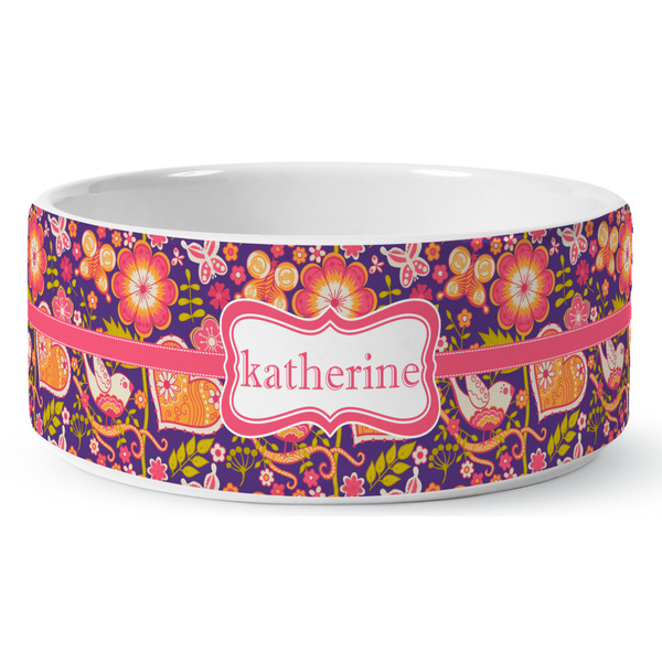 Birds & Hearts Ceramic Dog Bowl - Medium - Front