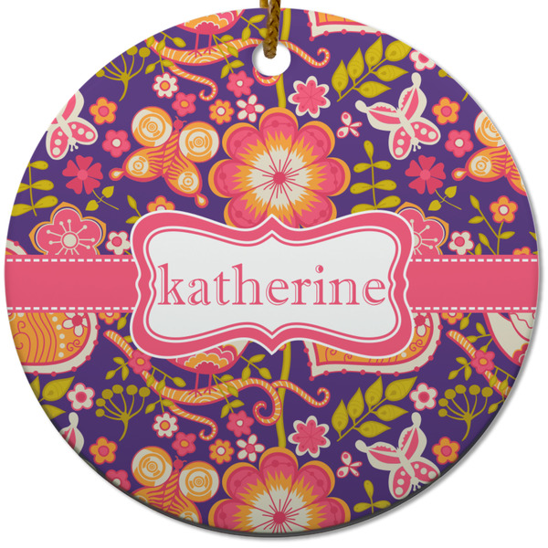 Custom Birds & Hearts Round Ceramic Ornament w/ Name or Text