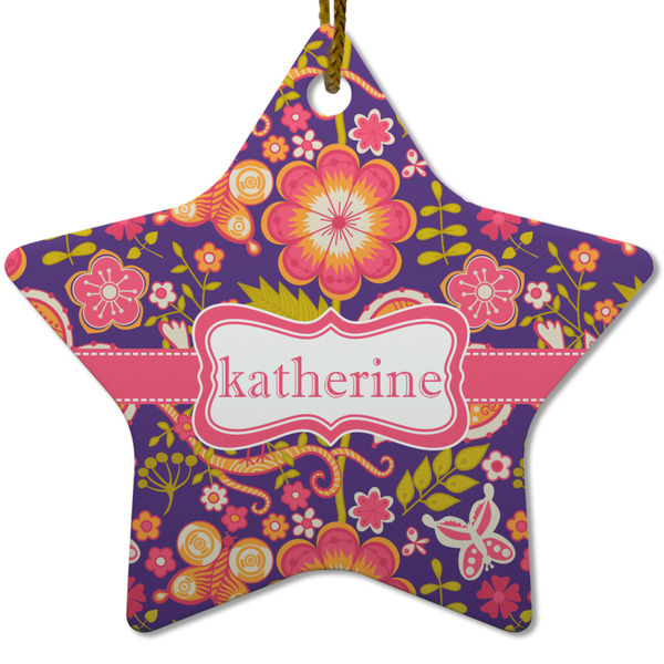 Custom Birds & Hearts Star Ceramic Ornament w/ Name or Text