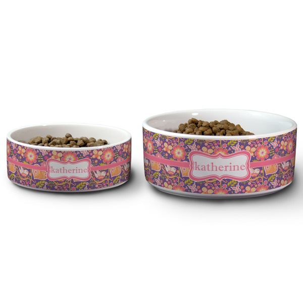 Birds & Hearts Ceramic Dog Bowls - Size Comparison