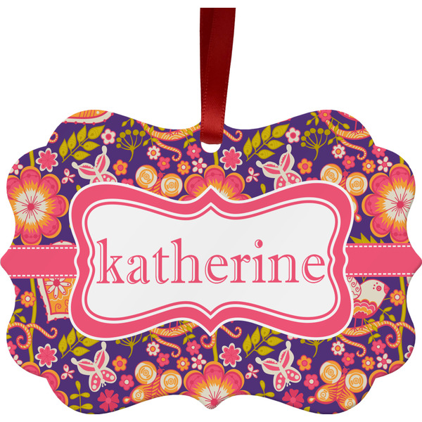 Custom Birds & Hearts Metal Frame Ornament - Double Sided w/ Name or Text