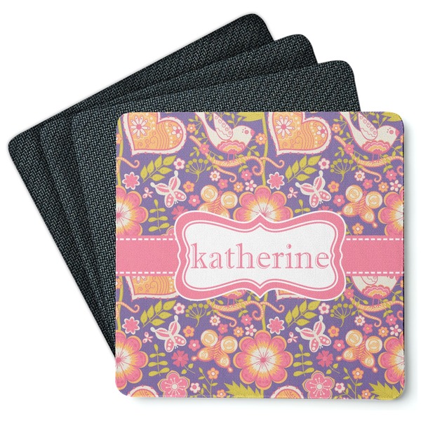 Custom Birds & Hearts Square Rubber Backed Coasters - Set of 4 (Personalized)