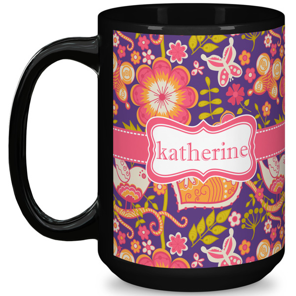 Custom Birds & Hearts 15 Oz Coffee Mug - Black (Personalized)