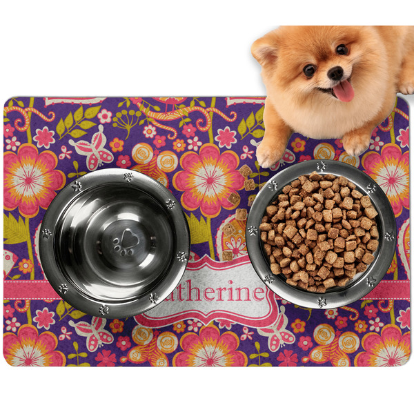 Custom Birds & Hearts Dog Food Mat - Small w/ Name or Text