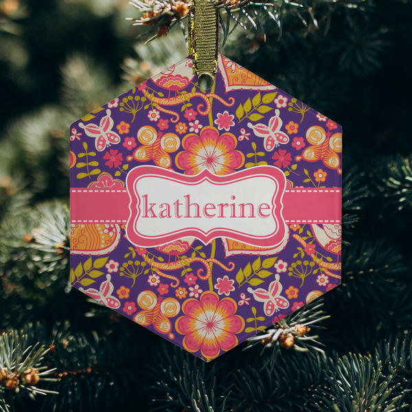 Birds & Hearts Frosted Glass Ornament - Hexagon (Lifestyle)