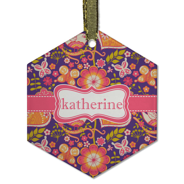 Custom Birds & Hearts Flat Glass Ornament - Hexagon w/ Name or Text