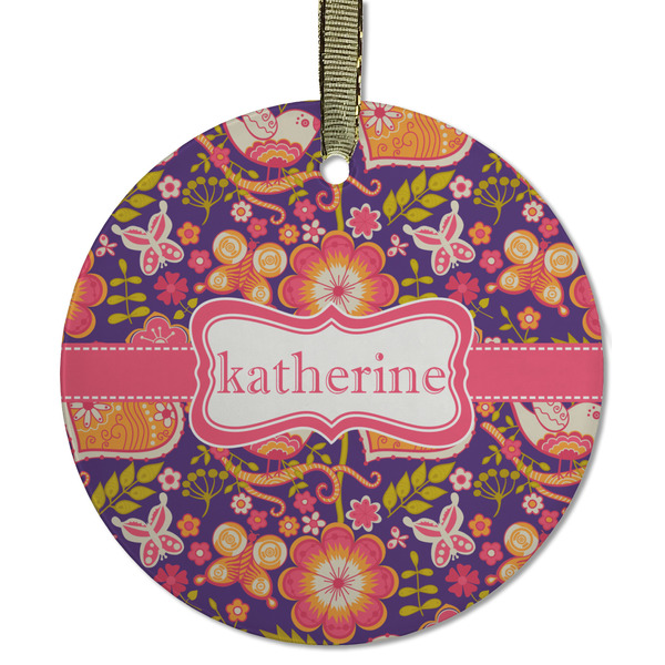 Custom Birds & Hearts Flat Glass Ornament - Round w/ Name or Text
