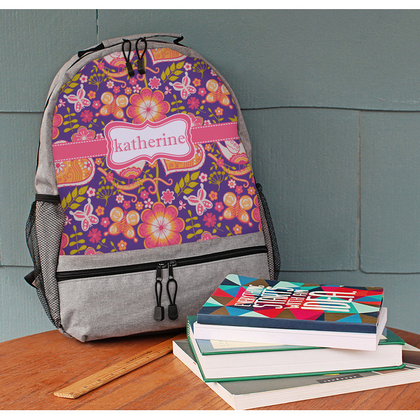 Birds & Hearts Large Backpack - Gray - On Desk