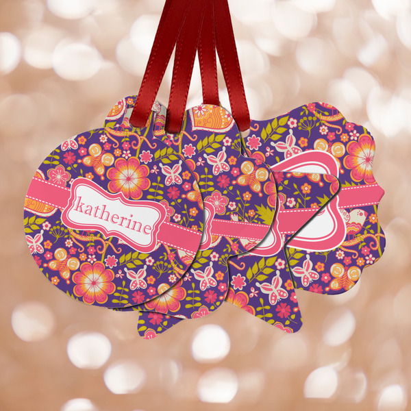 Custom Birds & Hearts Metal Ornaments - Double Sided w/ Name or Text