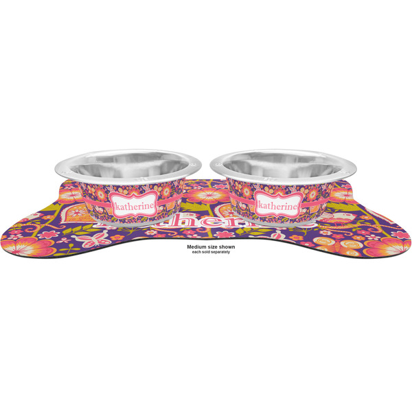 Birds & Hearts Metal Pet Bowls - On Dog Bone Shaped Mat