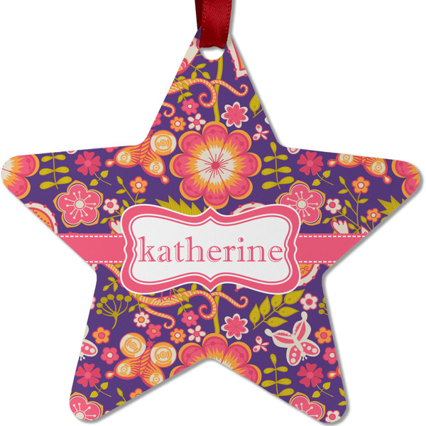 Custom Birds & Hearts Metal Star Ornament - Double Sided w/ Name or Text