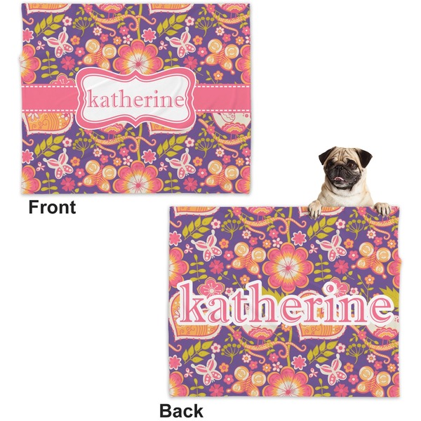 Birds & Hearts Microfleece Dog Blanket - Large- Front & Back