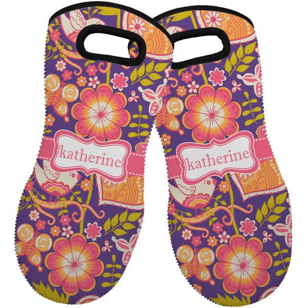 Custom Birds & Hearts Neoprene Oven Mitts - Set of 2 w/ Name or Text