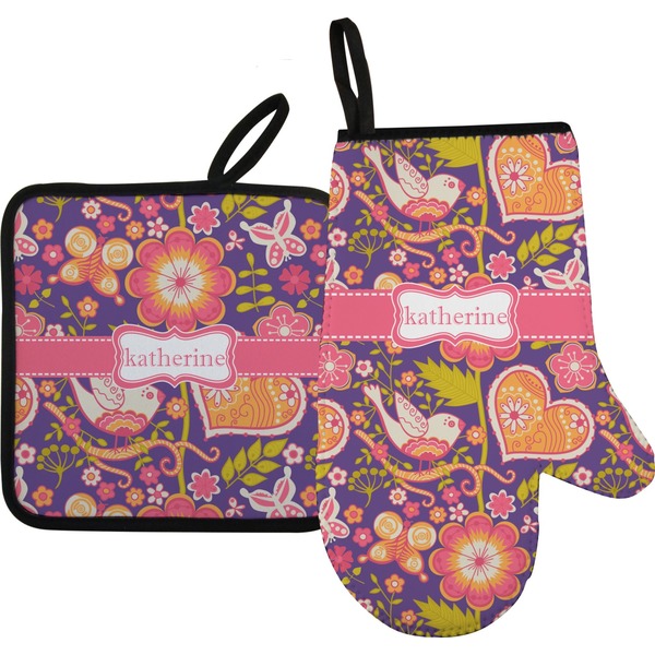 Custom Birds & Hearts Right Oven Mitt & Pot Holder Set w/ Name or Text
