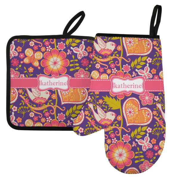 Custom Birds & Hearts Left Oven Mitt & Pot Holder Set w/ Name or Text
