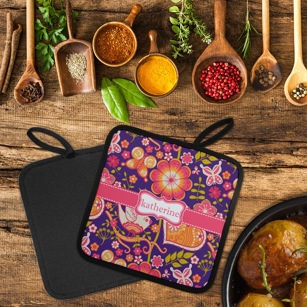 Birds & Hearts Neoprene Pot Holder - Set of 2  LIFESTYLE (Flatlay)