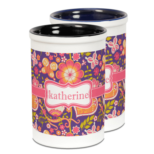 Custom Birds & Hearts Ceramic Pencil Holder - Large