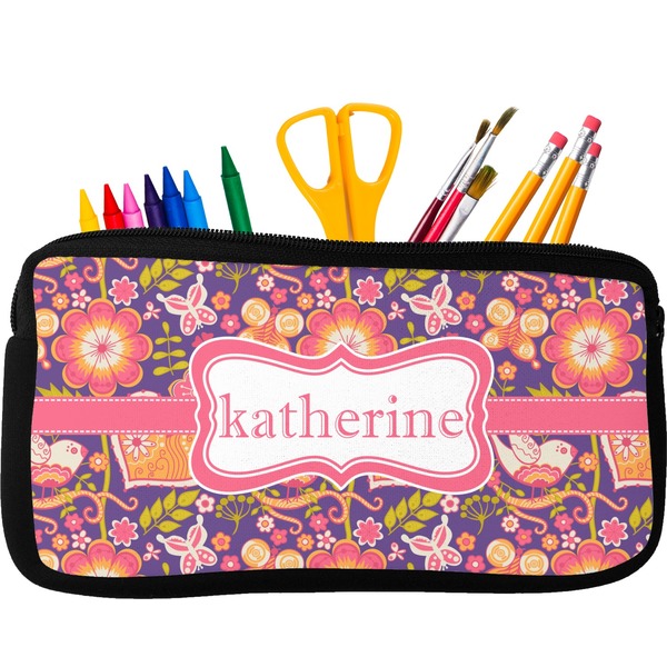 Custom Birds & Hearts Neoprene Pencil Case - Small w/ Name or Text