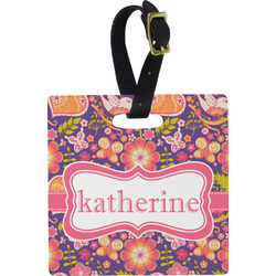 Birds & Hearts Plastic Luggage Tag - Square w/ Name or Text