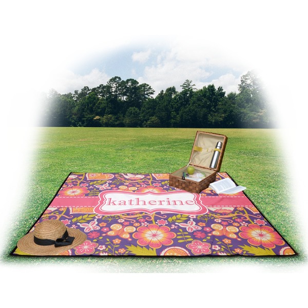 Birds & Hearts Picnic Blanket - with Basket Hat and Book - in Use