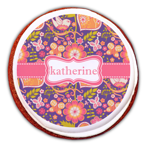 Birds & Hearts Printed Icing Circle - Large - On Cookie