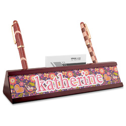 Birds & Hearts Red Mahogany Nameplate with Business Card Holder (Personalized)