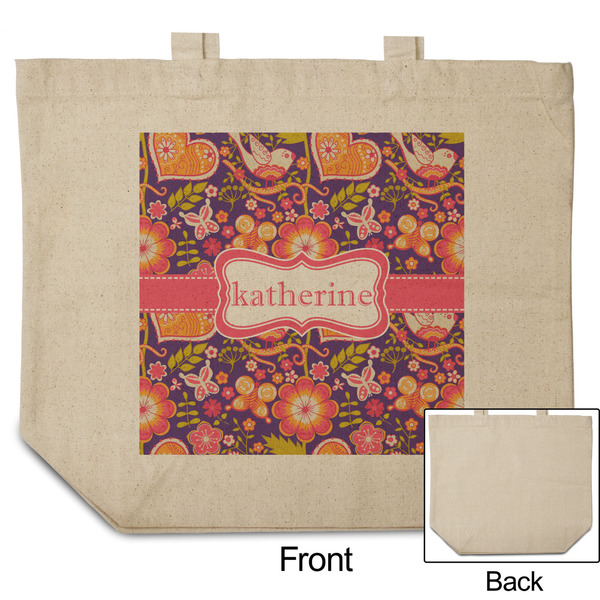 Birds & Hearts Reusable Cotton Grocery Bag - Front & Back View