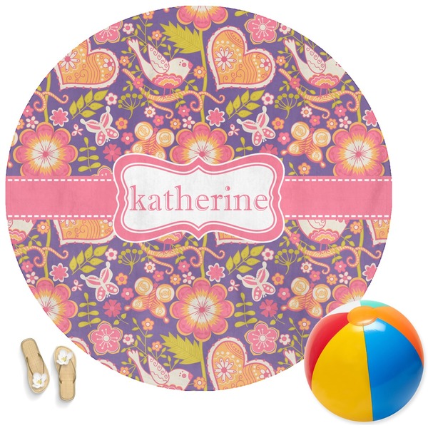 Custom Birds & Hearts Round Beach Towel (Personalized)