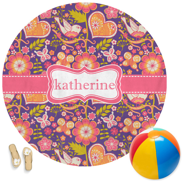 Custom Birds & Hearts Round Beach Towel (Personalized)