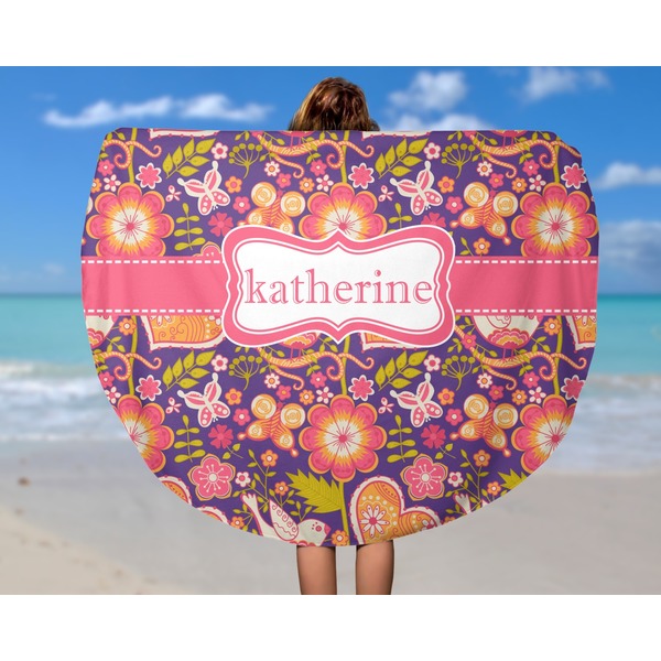 Birds & Hearts Round Beach Towel - In Use