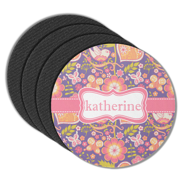 Custom Birds & Hearts Round Rubber Backed Coasters - Set of 4 (Personalized)