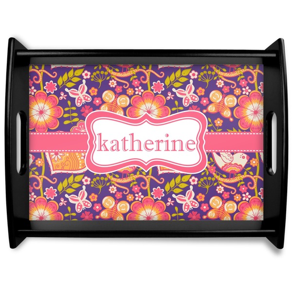 Custom Birds & Hearts Black Wooden Tray - Large (Personalized)