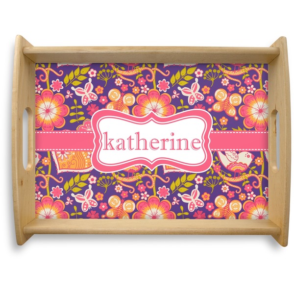 Custom Birds & Hearts Natural Wooden Tray - Large (Personalized)