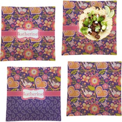 Birds & Hearts Set of 4 Glass Square Lunch / Dinner Plate 9.5" (Personalized)