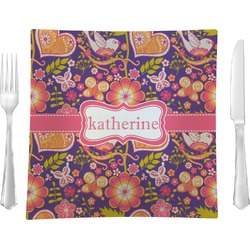 Birds & Hearts 9.5" Glass Square Lunch / Dinner Plate- Single or Set of 4 (Personalized)