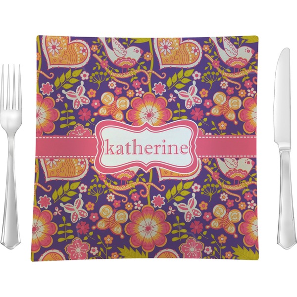 Custom Birds & Hearts 9.5" Glass Square Lunch / Dinner Plate- Single or Set of 4 (Personalized)