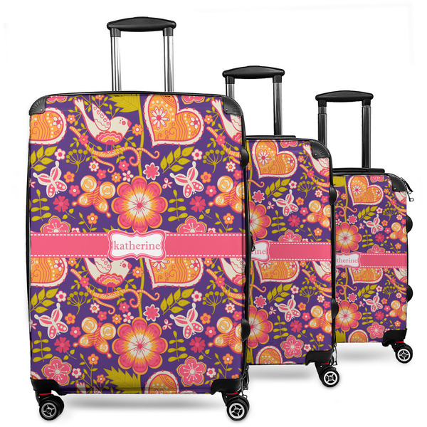 Custom Birds & Hearts 3 Piece Luggage Set - 20" Carry On, 24" Medium Checked, 28" Large Checked (Personalized)