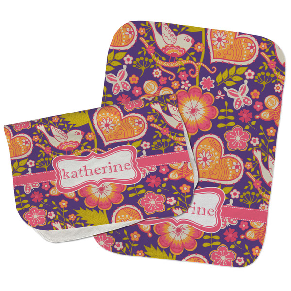 Birds & Hearts Two Rectangle Burp Cloths - Open & Folded