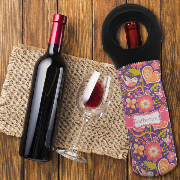 Birds & Hearts Wine Tote Bag - FLATLAY