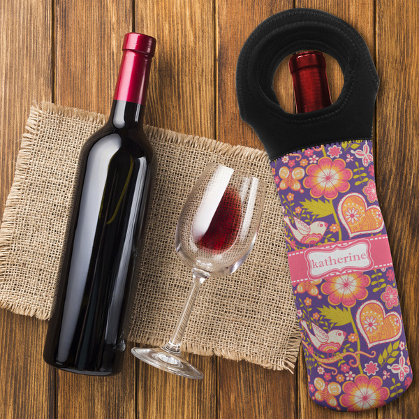 Birds & Hearts Wine Tote Bag - FLATLAY