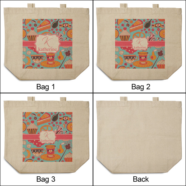 Dessert & Coffee 3 Reusable Cotton Grocery Bags - Front & Back View