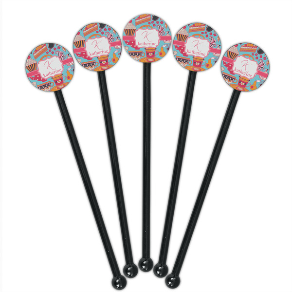 Dessert & Coffee Black Plastic 5.5" Stir Stick - Round - Fan View