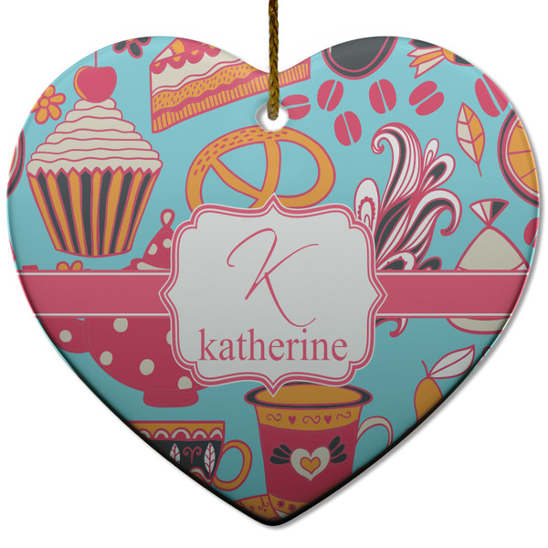 Custom Dessert & Coffee Heart Ceramic Ornament w/ Name and Initial